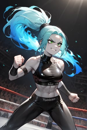 score_9, score_8_up, score_7_up, more detail XL, Expressiveh, colorful, backlit, wrestling ring background, rating_safe, 1girl, solo, zzEmber, latex crop top, latex pants, ponytail, aqua hair, grey skin, goth, blue fire, green eyes, smug, fighting stance, intense expression, facing opponent