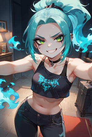 score_9, score_8_up, score_7_up, more detail XL, Expressiveh, colorful, backlit, stage background, rating_safe, 1girl, solo, zzEmber, crop top, pants, ponytail, aqua hair, grey skin, goth, blue fire, green eyes, smug, selfie, above view,score_9, score_8_up, score_7_up,source_anime,BREAK,