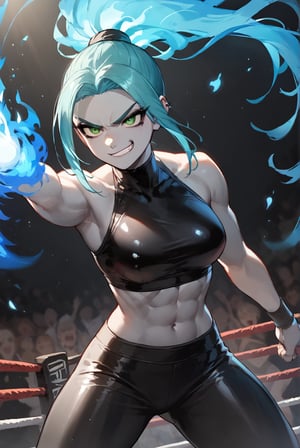 score_9, score_8_up, score_7_up, more detail XL, Expressiveh, colorful, backlit, wrestling ring background, rating_safe, 1girl, solo, zzEmber, latex crop top, latex pants, ponytail, aqua hair, grey skin, goth, blue fire, green eyes, smug, fighting stance, intense expression, facing opponent