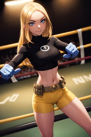 terra, 1girl, solo, blue eyes, long hair, blonde hair, dark-skinned female, shiny clothing, black shirt, crop top, yellow shorts, midriff, belt, brown gloves, turtleneck, smile, closed mouth, standing in a fighting stance on a wrestling ring, intense focus. (insanely detailed, beautiful detailed face, masterpiece, best quality) cinematic lighting