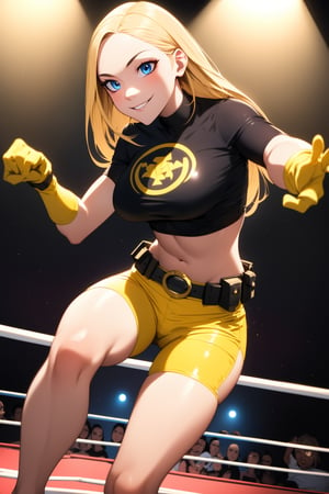 terra, 1girl, solo, blue eyes, long hair, blonde hair, dark-skinned female, shiny clothing, black shirt, crop top, yellow shorts, midriff, belt, brown gloves, turtleneck, smile, closed mouth, standing in a fighting stance on a wrestling ring, intense focus. (insanely detailed, beautiful detailed face, masterpiece, best quality) cinematic lighting