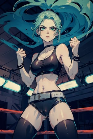 ((masterpiece,best quality)), absurdres,, Ember_McLain_Danny_Phantom, pony tail, aqua hair,smug, goth, big belt, wrestling ring background, fighting stance, intense expression, facing opponent, cinematic composition, contrapposto