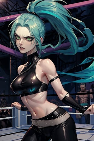 ((masterpiece,best quality)), absurdres,, Ember_McLain_Danny_Phantom, pony tail, aqua hair,smug, goth, big belt, wrestling ring background, fighting stance, intense expression, facing opponent, cinematic composition, contrapposto