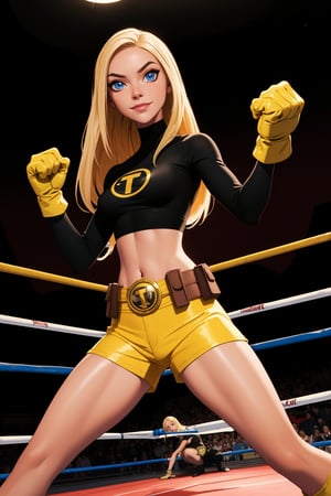 terra, 1girl, solo, blue eyes, long hair, blonde hair, dark-skinned female, shiny clothing, black shirt, crop top, yellow shorts, midriff, belt, brown gloves, turtleneck, smile, closed mouth, standing in a fighting stance on a wrestling ring, intense focus. (insanely detailed, beautiful detailed face, masterpiece, best quality) cinematic lighting