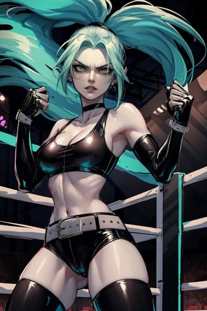 ((masterpiece,best quality)), absurdres,, Ember_McLain_Danny_Phantom, pony tail, aqua hair,smug, goth, big belt, wrestling ring background, fighting stance, intense expression, facing opponent, cinematic composition, contrapposto