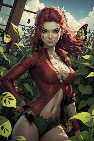 Poison Ivy, facial portrait, sexy stare, smirked, greenhouse, cloudy sky, butterflies, (fighting stance), ready to fight