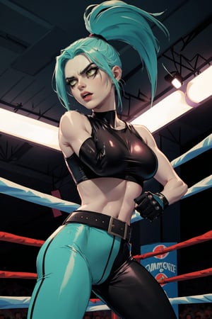 ((masterpiece,best quality)), absurdres,, Ember_McLain_Danny_Phantom, pony tail, aqua hair,smug, goth, big belt, wrestling ring background, fighting stance, intense expression, facing opponent, cinematic composition, contrapposto