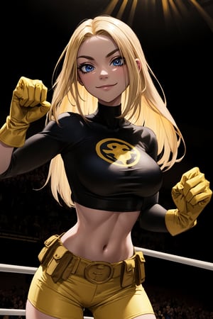 terra, 1girl, solo, blue eyes, long hair, blonde hair, dark-skinned female, shiny clothing, black shirt, crop top, yellow shorts, midriff, belt, brown gloves, turtleneck, smile, closed mouth, standing in a fighting stance on a wrestling ring, intense focus. (insanely detailed, beautiful detailed face, masterpiece, best quality) cinematic lighting