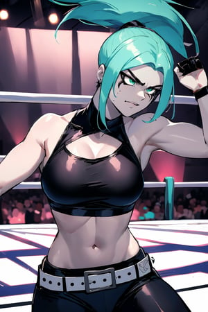 ((masterpiece,best quality)), absurdres,, Ember_McLain_Danny_Phantom, pony tail, aqua hair,smug, goth, big belt, wrestling ring background, fighting stance, intense expression, facing opponent, cinematic composition, contrapposto