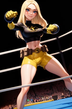 terra, 1girl, solo, blue eyes, long hair, blonde hair, dark-skinned female, black shirt, crop top, yellow shorts, midriff, belt, brown gloves, turtleneck, smile, closed mouth, standing in a fighting stance on a wrestling ring, intense focus. (insanely detailed, beautiful detailed face, masterpiece, best quality) cinematic lighting