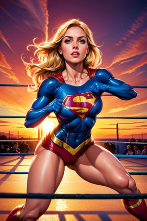 raw photo, (Supergirl), fashion photography of cute light blonde long hair girl (Supergirl), dressing high detailed Supergirl suit, (high resolution textures), in fighting stance, (in a wrestling ring), depth of field, detailed, sunset light passing through hair, perfect sunset, losspgirl