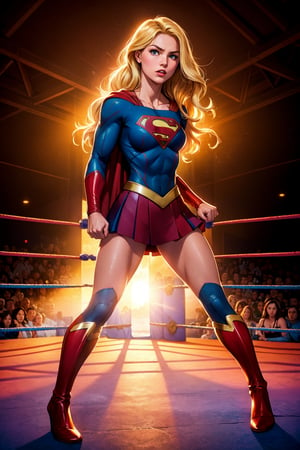 raw photo, (Supergirl), fashion photography of cute light blonde long hair girl (Supergirl), dressing high detailed Supergirl suit, (high resolution textures), in fighting stance, (in a wrestling ring), depth of field, detailed, sunset light passing through hair, perfect sunset, losspgirl