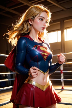 raw photo, (Supergirl), fashion photography of cute light blonde long hair girl (Supergirl), dressing high detailed Supergirl suit, (high resolution textures), in fighting stance, (in a wrestling ring), depth of field, detailed, sunset light passing through hair, perfect sunset, losspgirl