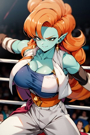 ((masterpiece, best quality)), big_boobies, absurdres, Zangya_DB, solo, 1girl, green skin, long orange hair, white baggy pants, vest, sash, black arm warmers, detailed face, smug, smile, in a wrestling ring, fighting stance, cinematic composition, dynamic pose