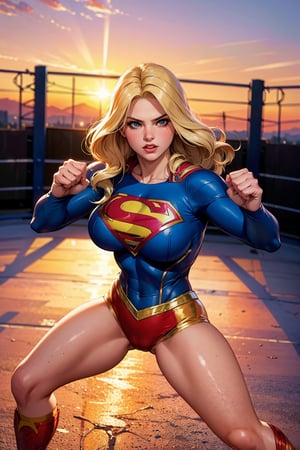 raw photo, (Supergirl), fashion photography of cute light blonde long hair girl (Supergirl), dressing high detailed Supergirl suit, (high resolution textures), in fighting stance, (in a wrestling ring), depth of field, detailed, sunset light passing through hair, perfect sunset, losspgirl