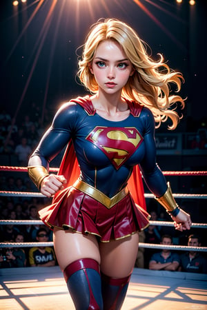 raw photo, (Supergirl), fashion photography of cute light blonde long hair girl (Supergirl), dressing high detailed Supergirl suit, (high resolution textures), in fighting stance, (in a wrestling ring), depth of field, detailed, sunset light passing through hair, perfect sunset, losspgirl