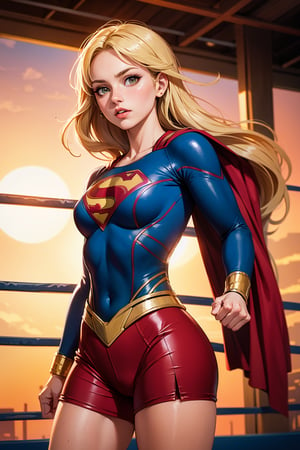 raw photo, (Supergirl), fashion photography of cute light blonde long hair girl (Supergirl), dressing high detailed Supergirl suit, (high resolution textures), in fighting stance, (in a wrestling ring), depth of field, detailed, sunset light passing through hair, perfect sunset, losspgirl