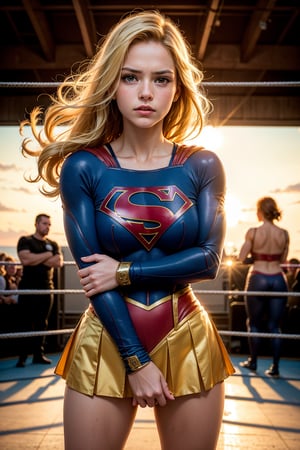 raw photo, (Supergirl), fashion photography of cute light blonde long hair girl (Supergirl), dressing high detailed Supergirl suit, (high resolution textures), in a defeated pose, (in a wrestling ring), humiliated by the spectator, depth of field, detailed, sunset light passing through hair, perfect sunset, losspgirl