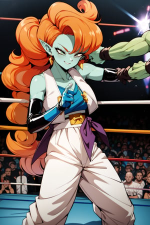 ((masterpiece, best quality)), absurdres, Zangya_DB, solo, 1girl, green skin, long orange hair, (latex cloathes), white baggy pants, vest, sash, black arm warmers, detailed face, smug, smile, in a wrestling ring, fighting stance, cinematic composition, dynamic pose