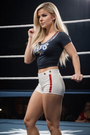 woman, blonde hair, blue eyes, pin-up style, low cut shirt, cinematic lighting, flirty look, full body, fighting stance, in a wrestling ring.,,,,,,,,