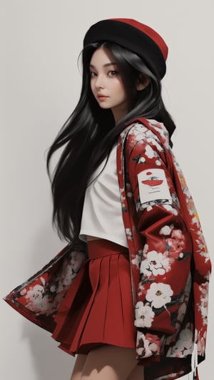 ((Masterpiece)), ((Best Quality)), ((Extremely Detailed)), ((Looking Away)), Photo Background, Realistic, ((Drooping Eyes)), ((Black Hair)), ((Long Hair) ))), ((9 years))), realistic, ((from top))), girl wearing a red jacket and a red skirt with a floral pattern and standing in front of a white wall wearing a red jacket, one girl, alone, hat, skirt, headdress Hooded jacket,SAM YANG