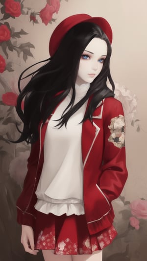 ((Masterpiece)), ((Best Quality)), ((Extremely Detailed)), ((Looking Away)), Photo Background, Realistic, ((Drooping Eyes)), ((Black Hair)), ((Long Hair) ))), ((9 years))), realistic, ((from top))), girl wearing a red jacket and a red skirt with a floral pattern and standing in front of a white wall wearing a red jacket, one girl, alone, hat, skirt, headdress Hooded jacket,mature female,masterpiece