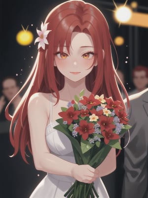 a closeup picture of a woman having a flower bouquet in front of her, 1girl, solo, flower, long hair, blurry, red hair, blurry background, bouquet, holding, upper body