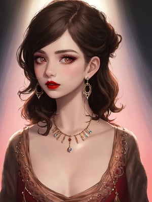 the girl has a little bit of makeup on her face and her hair looks real, 1girl, solo, jewelry, earrings, looking at viewer, necklace, parted lips, simple background, red lips