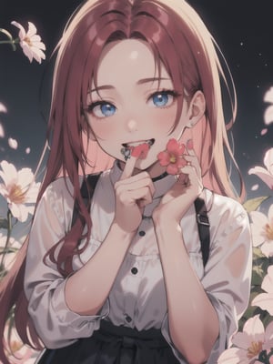 woman in a pink smock holding a flower in her teeth and to hold it, she's smiling, 1girl, solo, long hair, flower, realistic, red hair, looking at viewer, nail polish, blue eyes, LowKeyLights, 