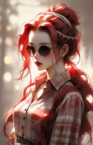 The image depicts a figure looking up, featuring detailed red hair tied into a messy bun. The hair is adorned with small, decorative red hairbands. The figure is wearing a plaid shirt in shades of red and cream. The art style is delicate and imaginative, capturing soft colors and gentle lines to create a warm and charming aesthetic.