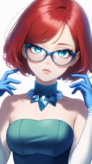 red hair,short hair,blue eye shadow,green triangular frame glasses,blue pearl necklace,pink lips,blue eyes, velvet, blue gloves, strapless dress, blue dress, strapless, elbow gloves, bare shoulders, dress, gloves, blu3v3lv3t,best quality,Illustration