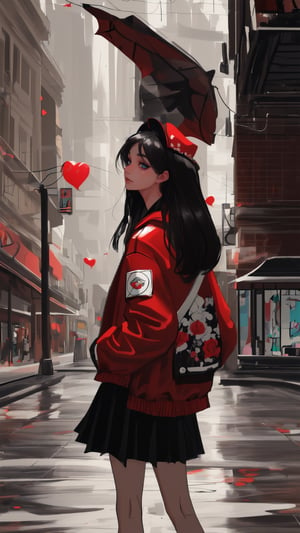 ((Masterpiece)), ((Best Quality)), ((Extremely Detailed)), ((Looking Away)), Photo Background, Realistic, ((Drooping Eyes)), ((Black Hair)), ((Long Hair) ))), ((9 years))), realistic, ((from top))), girl wearing a red jacket and a red skirt with a floral pattern and standing in front of a white wall wearing a red jacket, one girl, alone, hat, skirt, headdress Hooded jacket,SAM YANG