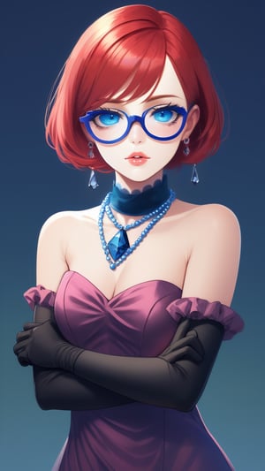 red hair,short hair,blue eye shadow,green triangular frame glasses,blue pearl necklace,pink lips,blue eyes, velvet, blue gloves, strapless dress, blue dress, strapless, elbow gloves, bare shoulders, dress, gloves, blu3v3lv3t,best quality,Illustration