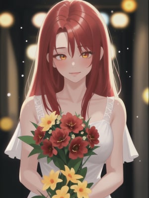 a closeup picture of a woman having a flower bouquet in front of her, 1girl, solo, flower, long hair, blurry, red hair, blurry background, bouquet, holding, upper body