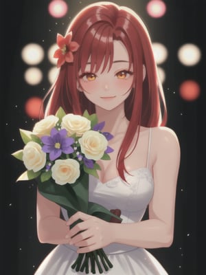 a closeup picture of a woman having a flower bouquet in front of her, 1girl, solo, flower, long hair, blurry, red hair, blurry background, bouquet, holding, upper body