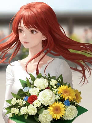 a closeup picture of a woman having a flower bouquet in front of her, 1girl, solo, flower, long hair, blurry, red hair, blurry background, bouquet, holding, upper body