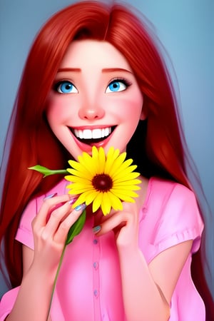 woman in a pink smock holding a flower in her teeth and to hold it, she's smiling, 1girl, solo, long hair, flower, realistic, red hair, looking at viewer, nail polish, blue eyes, LowKeyLights, 