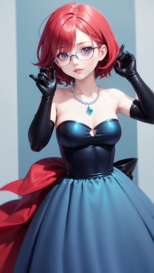 red hair,short hair,blue eye shadow,green triangular frame glasses,blue pearl necklace,pink lips,blue eyes, velvet, blue gloves, strapless dress, blue dress, strapless, elbow gloves, bare shoulders, dress, gloves, blu3v3lv3t,best quality