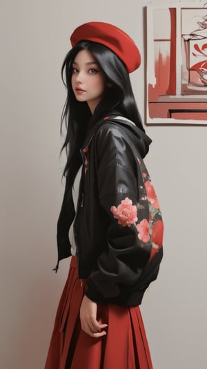 ((Masterpiece)), ((Best Quality)), ((Extremely Detailed)), ((Looking Away)), Photo Background, Realistic, ((Drooping Eyes)), ((Black Hair)), ((Long Hair) ))), ((9 years))), realistic, ((from top))), girl wearing a red jacket and a red skirt with a floral pattern and standing in front of a white wall wearing a red jacket, one girl, alone, hat, skirt, headdress Hooded jacket,SAM YANG