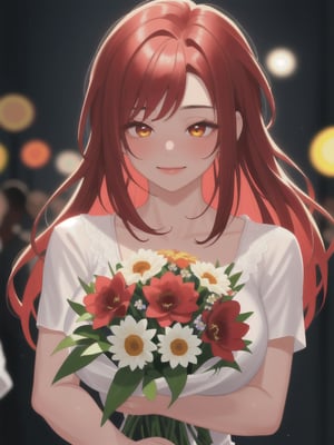 a closeup picture of a woman having a flower bouquet in front of her, 1girl, solo, flower, long hair, blurry, red hair, blurry background, bouquet, holding, upper body