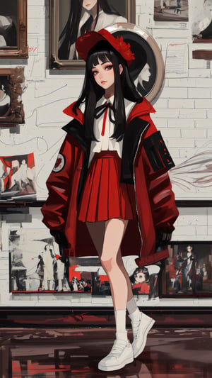 ((Masterpiece)), ((Best Quality)), ((Extremely Detailed)), ((Looking Away)), Photo Background, Realistic, ((Drooping Eyes)), ((Black Hair)), ((Long Hair) ))), ((9 years))), realistic, ((from top))), girl wearing a red jacket and a red skirt with a floral pattern and standing in front of a white wall wearing a red jacket, one girl, alone, hat, skirt, headdress Hooded jacket,SAM YANG