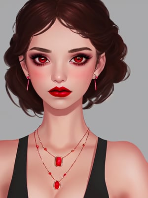 the girl has a little bit of makeup on her face and her hair looks real, 1girl, solo, jewelry, earrings, looking at viewer, necklace, parted lips, simple background, red lips