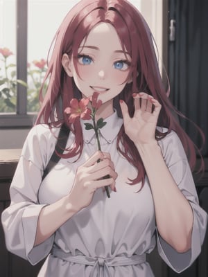 woman in a pink smock holding a flower in her teeth and to hold it, she's smiling, 1girl, solo, long hair, flower, realistic, red hair, looking at viewer, nail polish, blue eyes, LowKeyLights, 