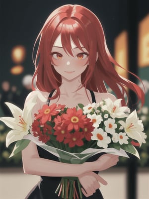 a closeup picture of a woman having a flower bouquet in front of her, 1girl, solo, flower, long hair, blurry, red hair, blurry background, bouquet, holding, upper body