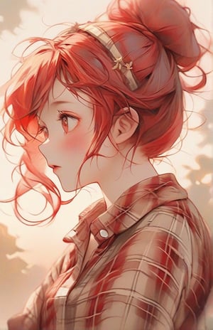 The image depicts a figure looking up, featuring detailed red hair tied into a messy bun. The hair is adorned with small, decorative red hairbands. The figure is wearing a plaid shirt in shades of red and cream. The art style is delicate and imaginative, capturing soft colors and gentle lines to create a warm and charming aesthetic.