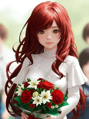 a closeup picture of a woman having a flower bouquet in front of her, 1girl, solo, flower, long hair, blurry, red hair, blurry background, bouquet, holding, upper body