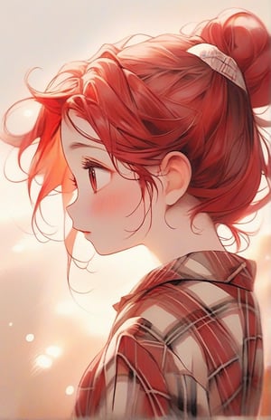 The image depicts a figure looking up, featuring detailed red hair tied into a messy bun. The hair is adorned with small, decorative red hairbands. The figure is wearing a plaid shirt in shades of red and cream. The art style is delicate and imaginative, capturing soft colors and gentle lines to create a warm and charming aesthetic.