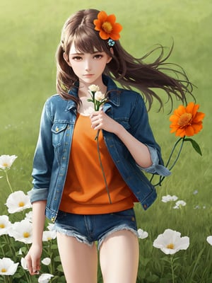 an image a girl with an orange jacket, holding a flower and the grass, 1girl, solo, denim jacket, flower, long hair, holding flower, hair ornament, realistic, hair flower, holding,HoloDayo XL,Niji XL