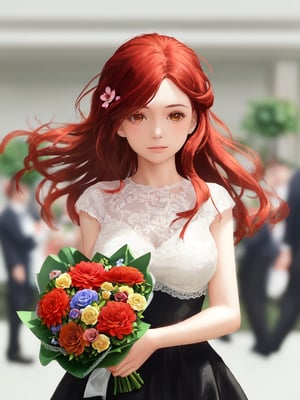 a closeup picture of a woman having a flower bouquet in front of her, 1girl, solo, flower, long hair, blurry, red hair, blurry background, bouquet, holding, upper body