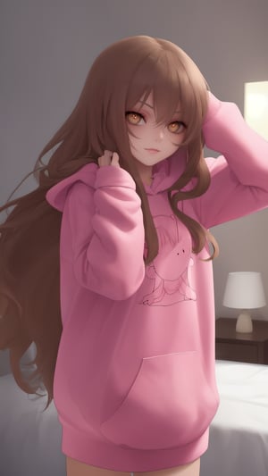 the girl puts her hair over her face and puts her hands up in front of her, 1girl, solo, closed eyes, long hair, brown hair, pink hoodie, bedroom,(hand-drawn model)